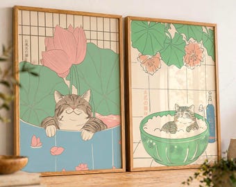 Juego de 2 láminas de arte mural japonés, póster de gatos adorables, decoración acogedora para baño Japandi 1