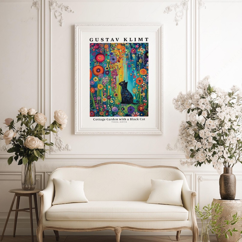 Gustav Klimt Style Black Cat Art Print, Colorful Whimsical Decor immagine 7