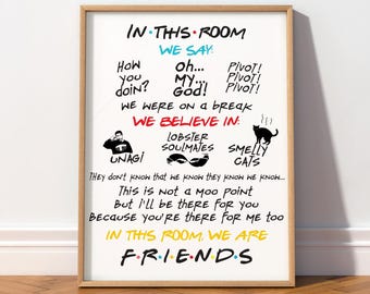 Póster con frases de la serie Friends, cuadro "En esta habitación, reglas familiares", lámina de la serie Central Perk de los 90, decoración divertida para apartamentos