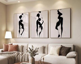 Minimalist Line Art Woman Print Set of 3, Abstract Female Silhouette Art Set, Chic Modern Art
