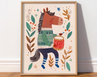 Horse with drum, Musical theme Nursery wall art, Folk Art Kids Animal, Cute Neutral Gender Baby Room Decor 18