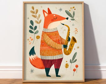 Fox with Saxophone Art Print, Whimsical Animal Illustration, Kids Room Decor, Folk Art Style, Nursery Wall Art 5