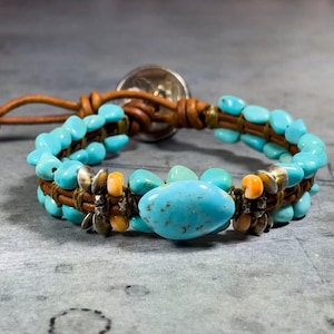 Kingman Turquoise Bracelet, Turquoise and Spiny Oyster Leather Wrap Bracelet, Everyday Turquoise Bracelet, AZ Turquoise, Unisex Bracelet