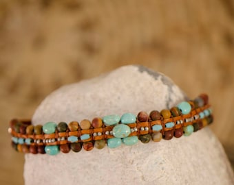 AZ Turquoise Bracelet, Turquoise Leather Wrap Bracelet, Everyday Turquoise Bracelet, Chrysocolla Leather Wrap, Unisex Bracelet