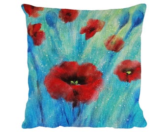 Sunlit Poppies Cushion, Faux Suede Premium 18" x 18" Pillow with Pad - Tracey Zorek Art