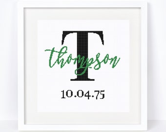 Patrón de punto de cruz personalizado en PDF, punto de cruz con fecha de boda, personalizado, monograma, regalo para recién casados, regalo para bebé, monograma de punto de cruz