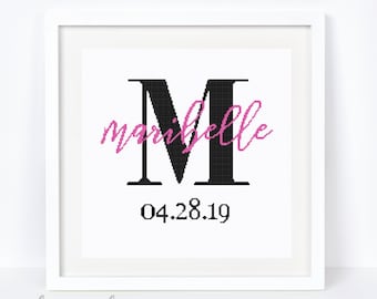 Custom cross stitch PDF pattern, birth announcement cross stitch, personalized, monogram, anniversary gift idea, gift for baby, wedding gift