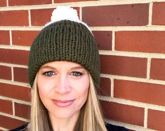 Double Brim Hat | Knit Beanie |Two Toned in Green and Cream | Pom Pom Optional