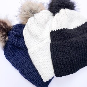 Double Brim Hat | Knit Beanie| Faux Fur Pom | Dark Blue