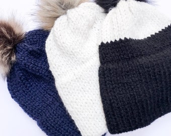Double Brim Hat | Knit Beanie| Faux Fur Pom | Dark Blue