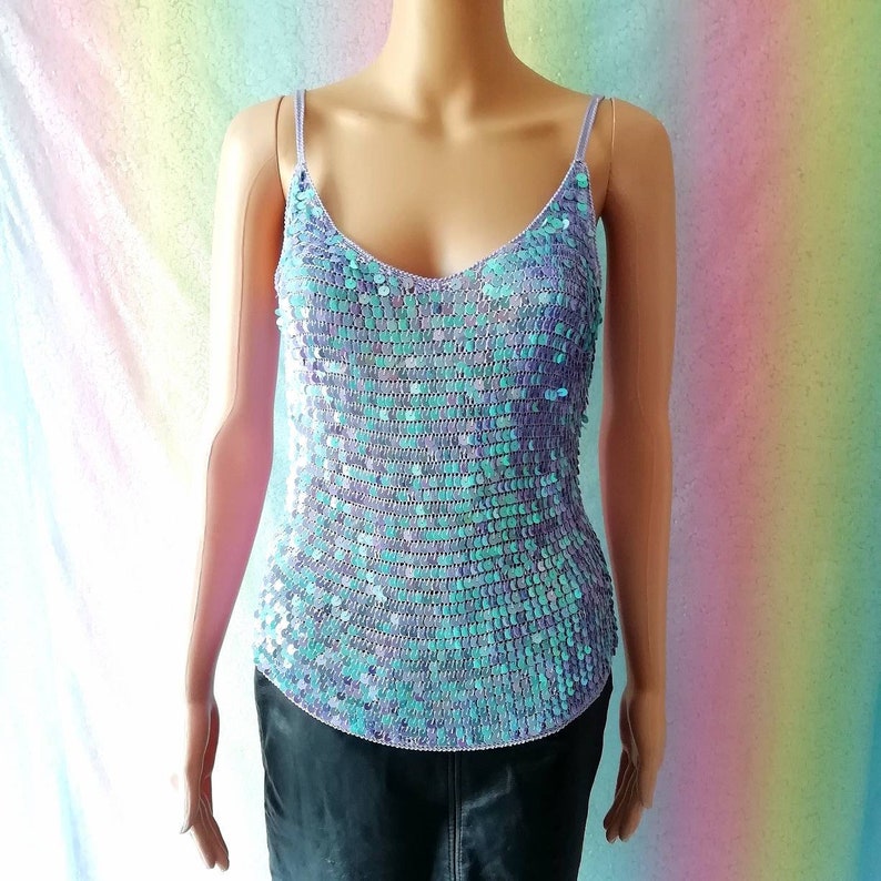 Vintage 90/'s Y2K Blue Purple Irridescent Sequins Mermaid Trophy Top by Dorothy Perkins Medium