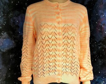 VINTAGE 1980s Lemon and Tangerine Chevron Handknitted Cardigan Sweater Top MEDIUM