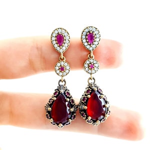 Woman Ruby Earrings - Fine Jewellery Turkish Handmade Quality 925 Sterling Silver Ladies Jewelry Earrings 2288