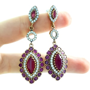 925 Silver Red Ruby Earrings Ladies Turkish Jewelry Magnificent Century E1364