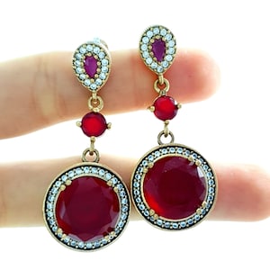 925 Silver Red Ruby Earrings Ladies Turkish Jewelry Magnificent Century E1363