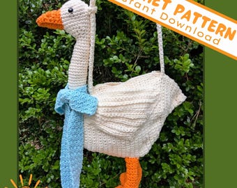 May include: A handmade crochet goose bag with a white body, orange beak and feet, and a light blue scarf. The bag has a long neck and a head with a black eye. The text "CROCHET PATTERN Instant Download" is in the upper right corner.