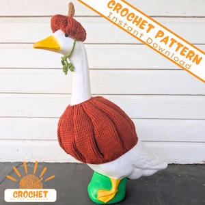 May include: A white goose figurine wearing a rust-colored crocheted sweater and a matching acorn-shaped hat with a green tie. The image includes the text CROCHET PATTERN Instant Download and a logo with the text CROCHET IN THE SUNSHINE.