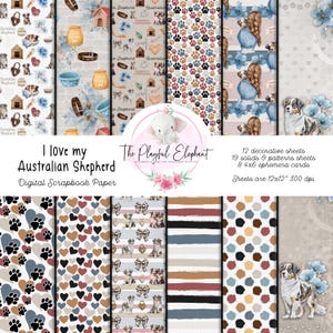 Peut inclure: Papier numérique pour scrapbooking avec des chiens bergers australiens, des empreintes de pattes, des cœurs, des nœuds et des rayures. Le papier mesure 30,5 x 30,5 cm et 300 dpi. Le texte "J'aime mon berger australien" est inclus.