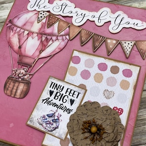 May include: Pink scrapbook cover featuring a hot air balloon, a teddy bear, and the text "The Story of You". The cover also includes a brown paper flower, a banner with brown and white polka dots, and a card with the text "Tiny Feet Big Adventures".