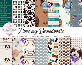 Könnte beinhalten: Ein digitaler Download von 14 gemusterten Papieren mit Bernedoodles, Pfotenabdrücken, Herzen, Knochen und geometrischen Mustern. Die Papiere sind 30,5 cm x 30,5 cm groß und haben eine Auflösung von 300 dpi. Der Text "Ich liebe meinen Bernedoodle" befindet sich oben im Bild.