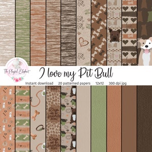 Könnte beinhalten: Ein Set mit 20 digitalen Papieren mit verschiedenen Mustern rund um Pitbulls. Die Muster beinhalten Knochen, Herzen, Pfotenabdrücke und den Text "Ich liebe meinen Pitbull". Die Papiere sind 30,5 x 30,5 cm groß und haben eine Auflösung von 300 dpi.