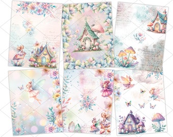 May include: A digital paper pack with six different designs featuring fairies, mushrooms, houses, and floral elements in a watercolour style. The designs are perfect for scrapbooking, card making, and other paper crafts.