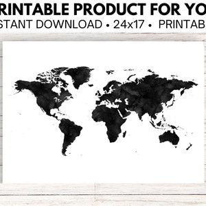 Black & White World Map Printable, World Map Print World Map Poster World Map Wall Art Digital World Map Download World Map Decor