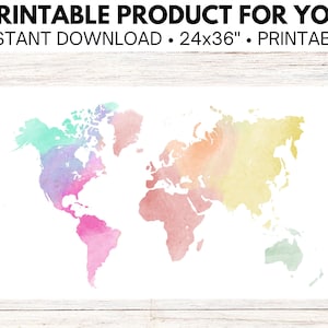 Watercolor World Map Printable, World Map Print World Map Poster World Map Wall Art Digital World Map Download World Map Decor