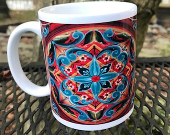 Scandinavian Norwegian Rosemaling Coffee Tea Mug, Red Hallingdal Geometric rosemaling mug, Lise Lorentzen, Art of Lise, Design #LL10
