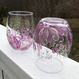 Stemless handpainted rosemaled wine glasses, Norwegian Rosemaling, 21oz wineglass,,wine,juice, gold,purple,Holiday,giftware, Set of 2