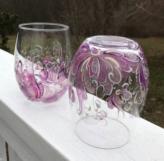 Hand Painted Lavender Flower Stemless Wine Glasses - Set of 4 - 15 ounce