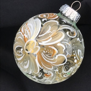 Hand Painted Christmas Ornament -Clear -Gold and white flowers Rosemaling, Personalization available