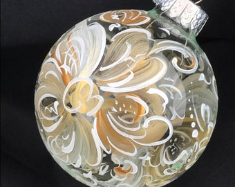 Hand Painted Christmas Ornament -Clear -Gold and white flowers Rosemaling, Personalization available