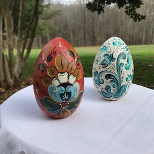 Rosemaled Egg Wooden Paper Weights, Hallingdal and Telemark Rosemaling