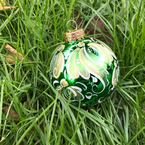 Norweigian Rosemaling Handpainted Christmas Ornament,  Glass Christmas Shiny Green ornament with Cascading flowers