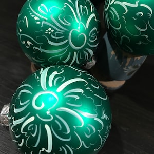 Rosemaling Norwegian Christmas Ornament, Matte Green and Silver top Handpainted Christmas Ornament Glass ornament with Ivory Linework