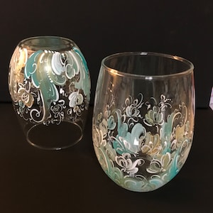Handpainted Rosemaled Stemless Wine Glasses: Norwegian Folk Art, Set of 2