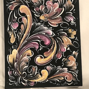 Norwegian Rosemaling Canvas: Gold & Purple Floral Wall Art