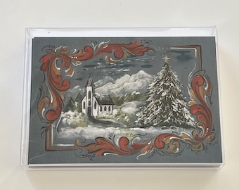 May include: A Christmas card with a winter scene featuring a church, a snowy tree, and a mountain range. The card is decorated with a red, gold, and brown floral border.