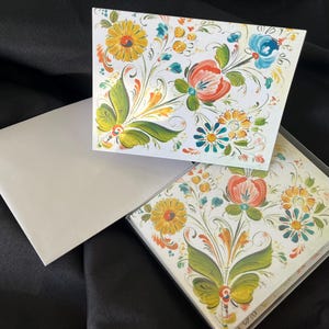 Norwegian Rosemaling Boxed Note Cards - Originally artwork by Lise Lorentzen - Os Norwegian Rosemaling - Nordic Wild Flowers on white