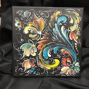 Norwegian Rosemaling, Telemark Rosemaling Canvas, 12"x 12" canvas wall hanging, aske (Easter) Bloom"