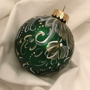Rosemaling Christmas Ornament: Handpainted Green Glass, Norwegian Folk Art