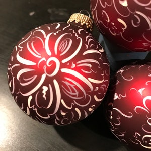 Handpainted Norwegian Rosemaling Christmas Ornament- Matte Red with Ivory Linework - Gold top - Chrismtas Bulb, Ornaments