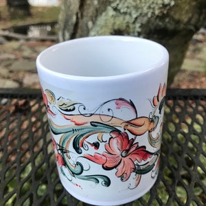 Skandynawski norweski kubek do kawy i herbaty Rosemaling, kapryśny ptak Telemark kubek Rosemaling, Lise Lorentzen, sztuka Lise, projekt #LL40