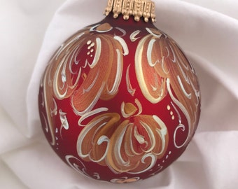 Handpainted Rosemaling Christmas Ornament: Matte Red Norwegian Folk Art