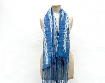 bufanda de tela de barro, bufanda de tela vintage, bufanda de algodón, bufanda de índigo, bufanda de tela de barro, bufanda reciclada, bufanda azul, bufanda con flecos