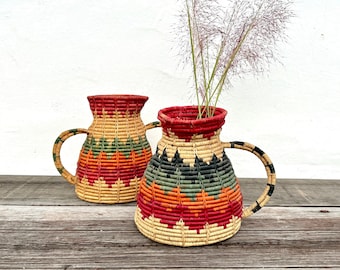 Pair of small woven jugs, African basket, Bolga basket, basket jug, hand-woven basket