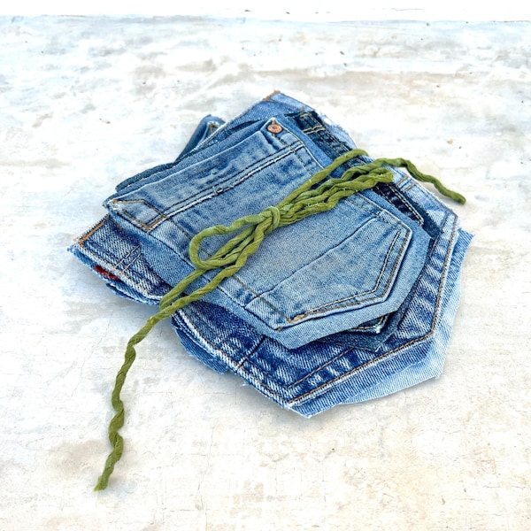 Bundle of 9 vintage jeans pockets, denim pockets, textile scraps, textile remnants