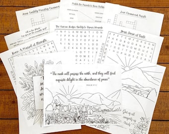 Puede incluir: Un conjunto de hojas de actividades cristianas imprimibles para niños. Las hojas incluyen una búsqueda de palabras, un crucigrama, una página para colorear y una actividad de unir los puntos. Las hojas son en blanco y negro y presentan una variedad de temas cristianos.