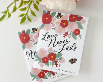Tarjeta de felicitación El amor nunca falla / 1 Corintios 13 / Aniversario de bodas / Versículos bíblicos / Tarjeta de las Escrituras / Tarjetas de felicitación de los Testigos de Jehová